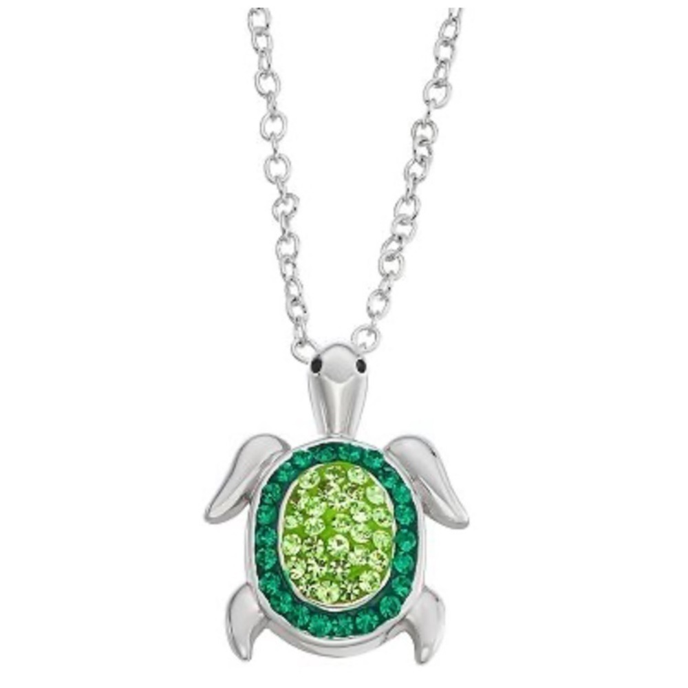 Silver tone Sea turtle pendant with green rhinestones necklace
